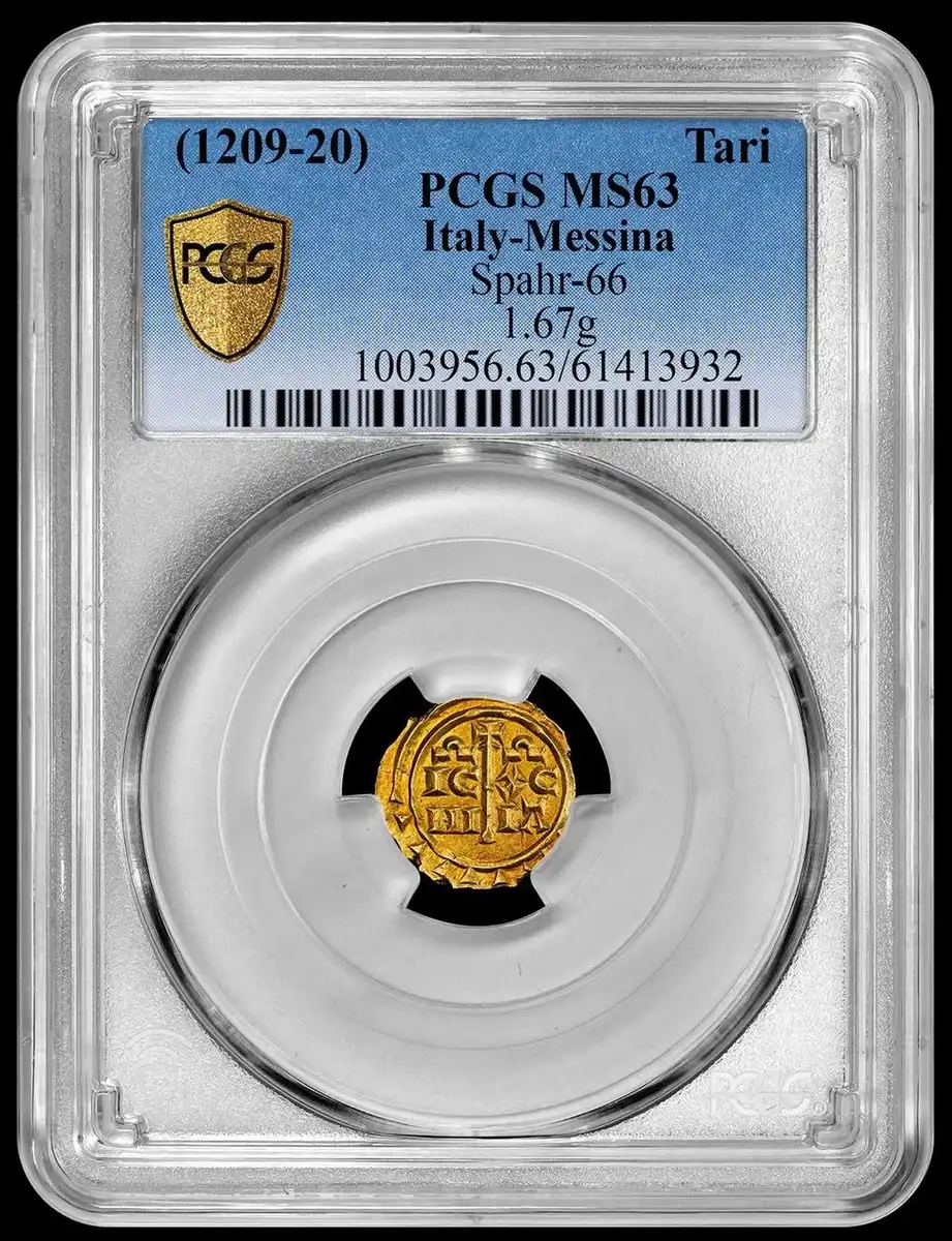 1209---1220-Tari-Is-From-The-Kingdom-Of-Sicily,-PCGS-MS-63,-Italy-Messina,-Spahr-66