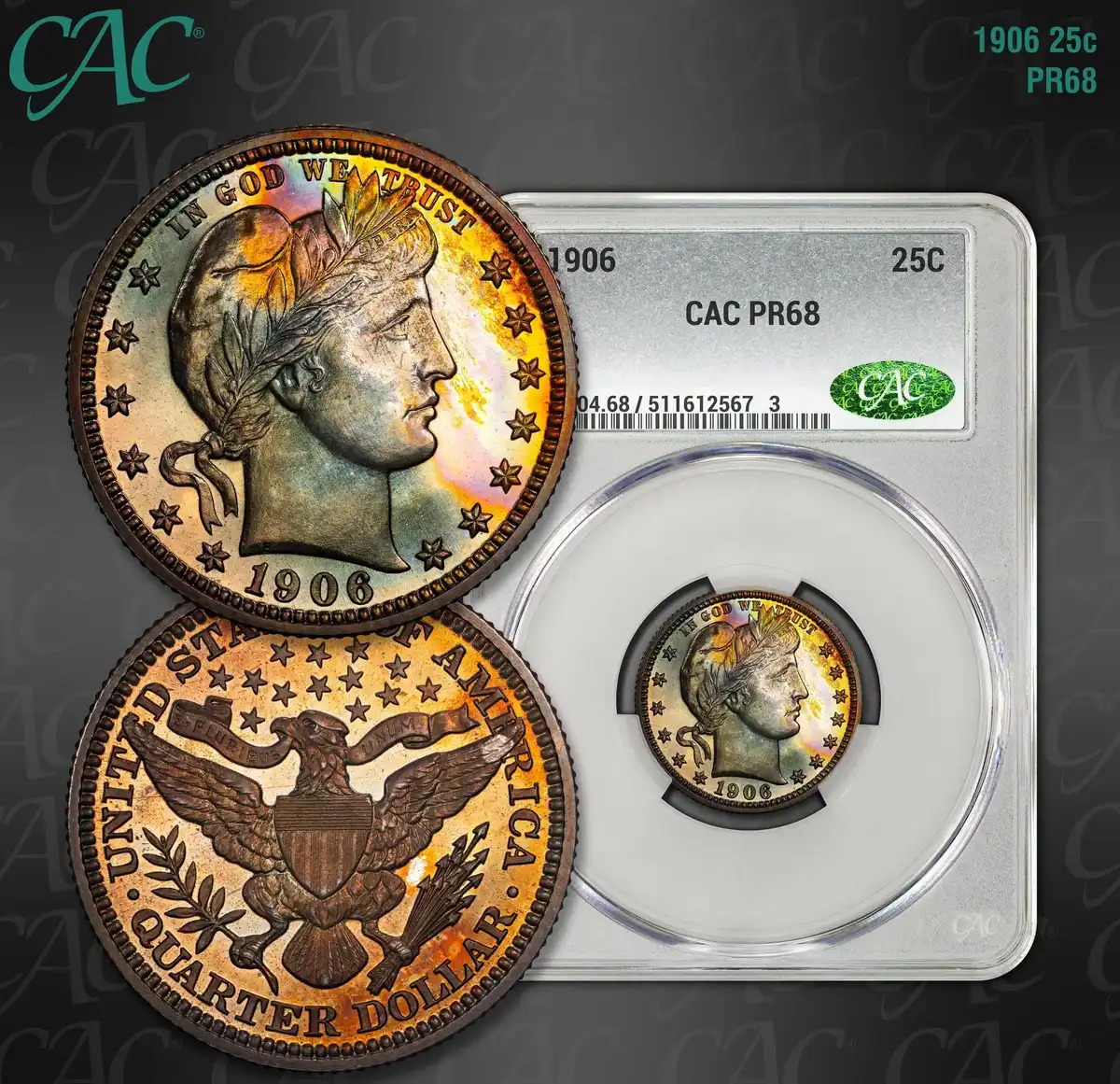 1906-Barber-Quarter,-CAC-PR-68,-Rainbow-Toned