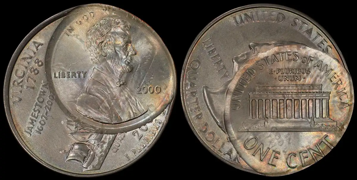 2000-Lincoln-Memorial-Cent-Struck-On-2000-Virginia-Quarter,-PCGS-MS-66,-Double-Denomination