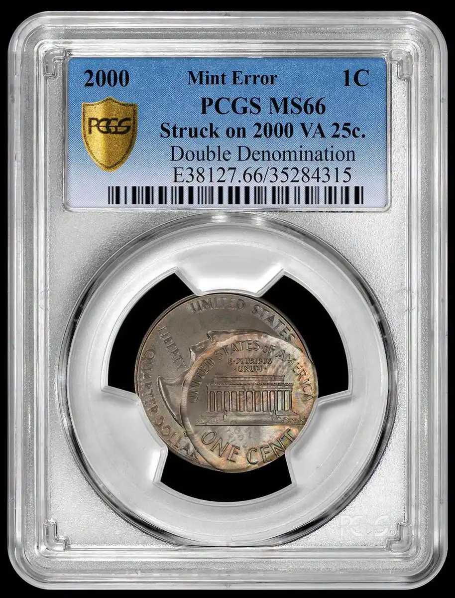 2000-Lincoln-Memorial-Cent-Struck-On-2000-Virginia-Quarter,-PCGS-MS-66,-Double-Denomination
