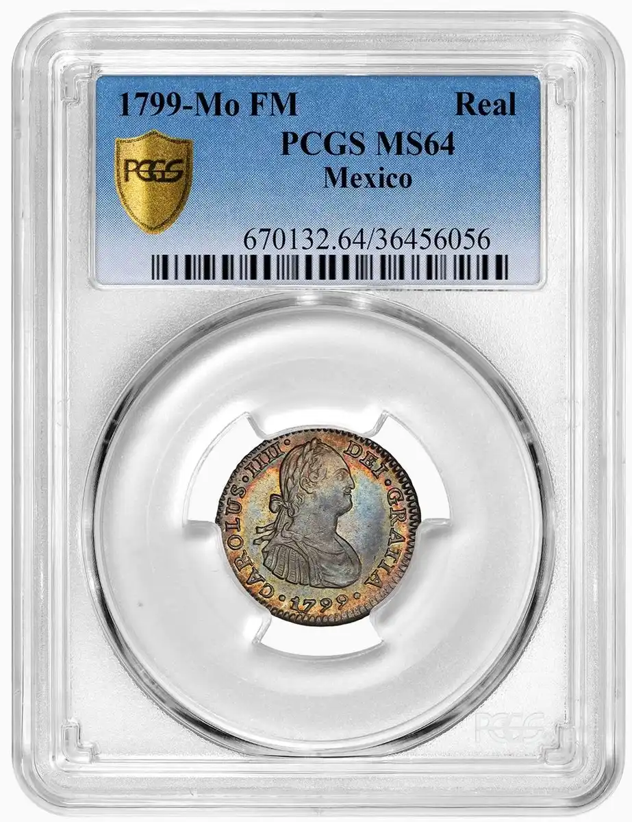 1799-Mo-FM-Mexico-Real,-PCGS-MS-64,-Rainbow-Toned