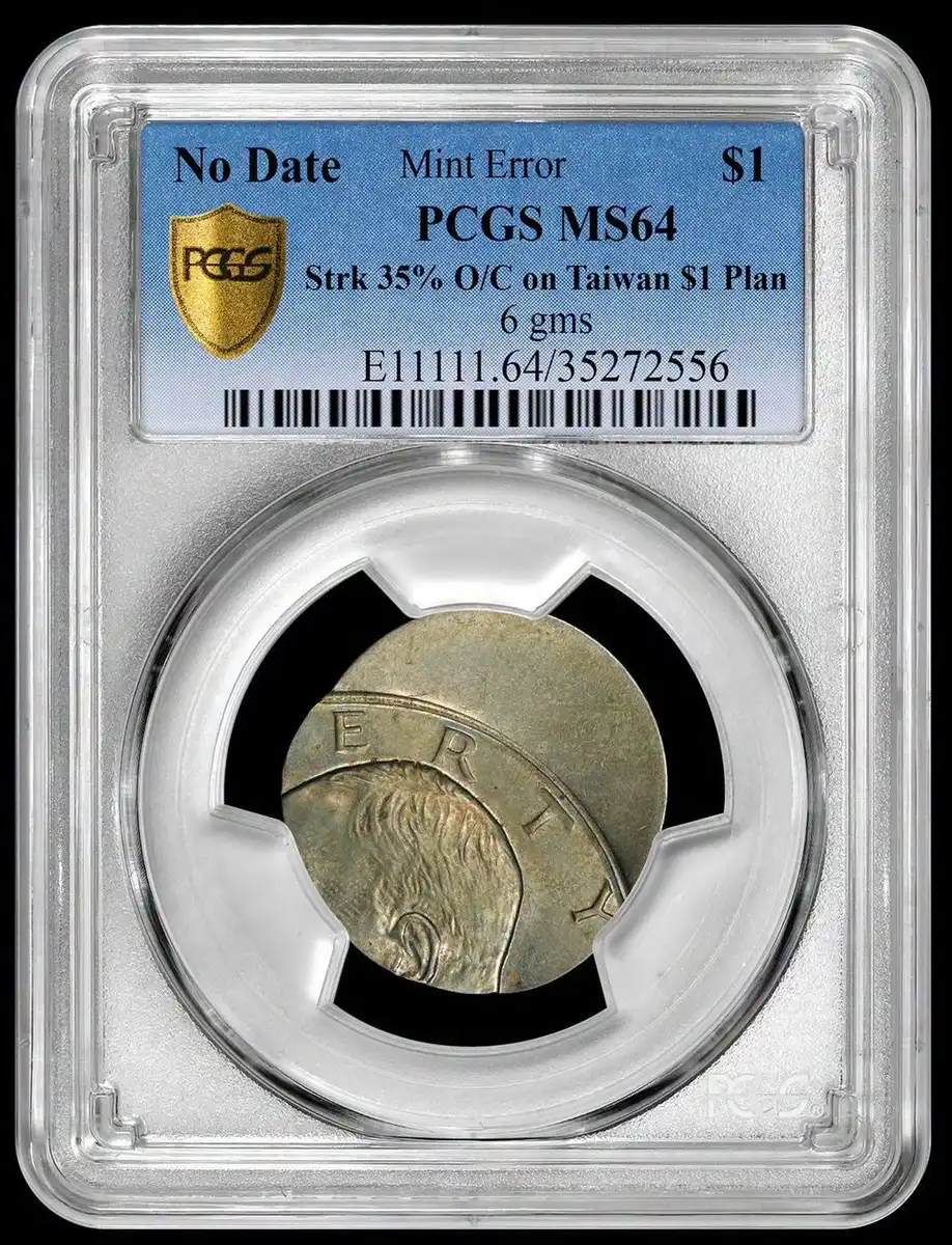 1970ish-Eisenhower-Dollar-Struck-35%-Off-Center-On-Taiwan-$1-Planchet,-PCGS-MS-64