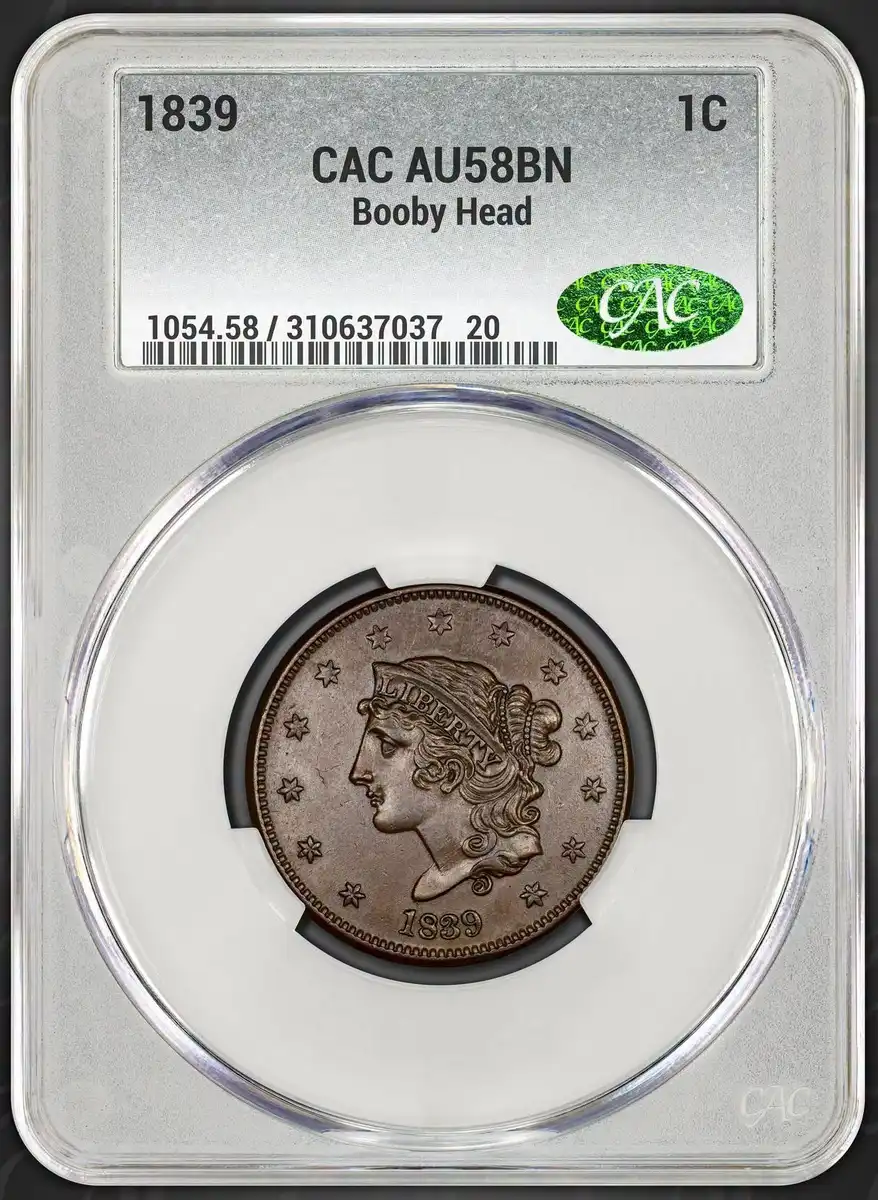 1839-Braided-Hair-Booby-Head-Large-Cent,-CAC-AU-58BN