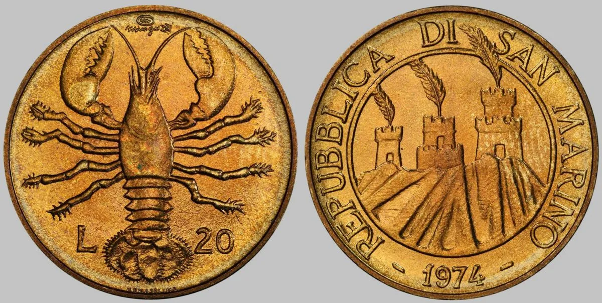 1974-San-Marino-20-Lire,-PCGS-MS-67,-San-Marino,-Lobster