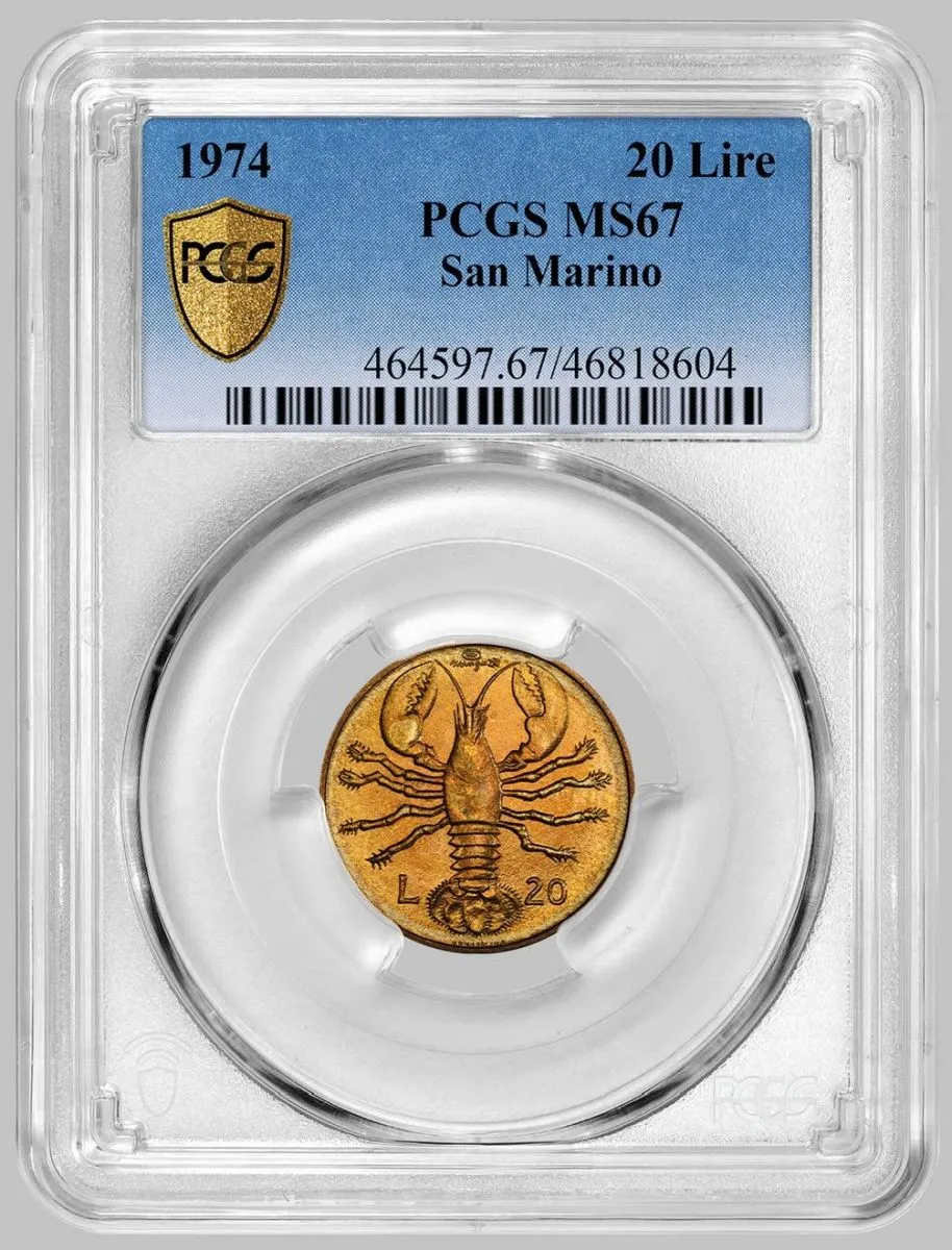 1974-San-Marino-20-Lire,-PCGS-MS-67,-San-Marino,-Lobster