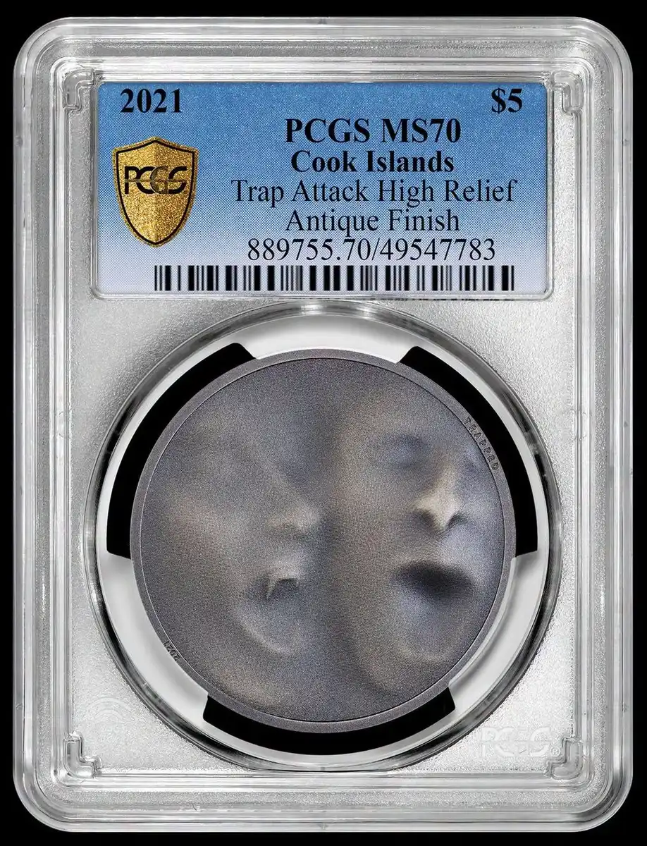 2021-Cook-Islands-Trap-Attack-High-Relief-Antique-Finish-$5,-PCGS-MS-70