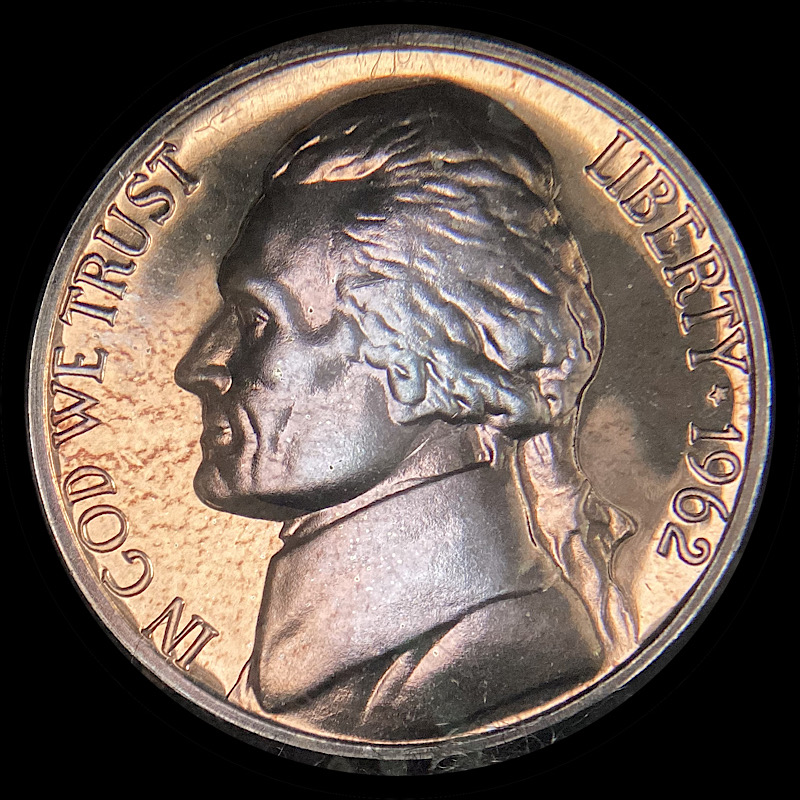 Toned-Jefferson-Proof-Nickels-1964,-3x-1962.