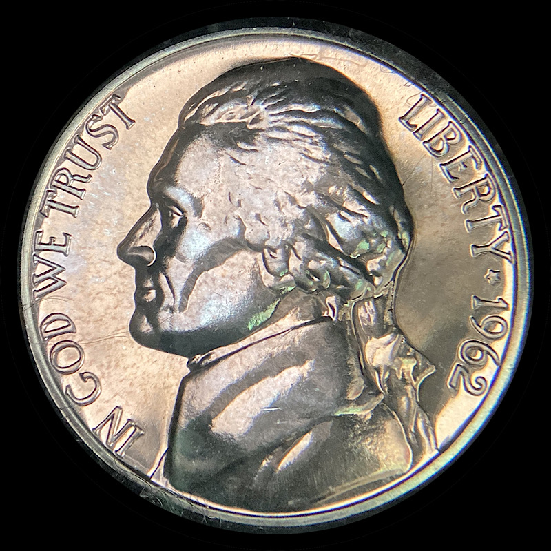 Toned-Jefferson-Proof-Nickels-1964,-3x-1962.