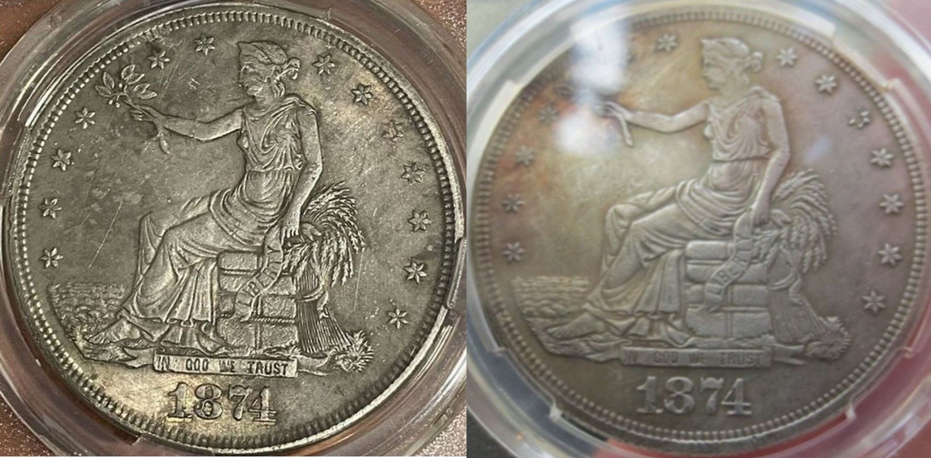 Matching-Obverses;-Bay-1874-S-To-Known-Counterfeit-1874-CC-Trade-Dollars.