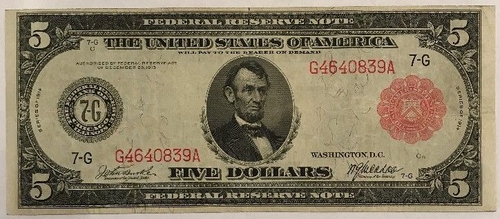 No.-838B---1914-Series---$5-Red-Seal-Fed-Note-VF30-35?