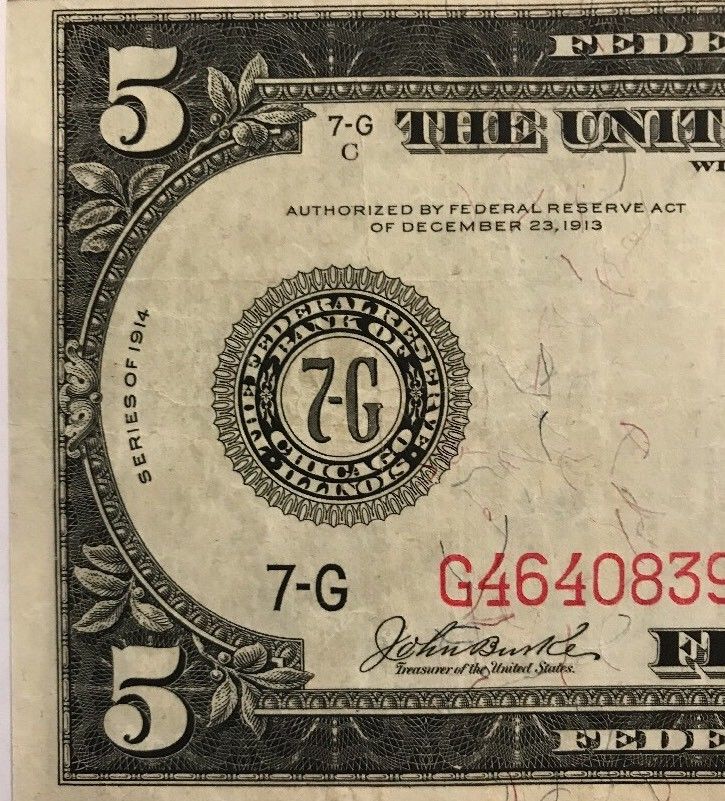No.-838B---1914-Series---$5-Red-Seal-Fed-Note-VF30-35?