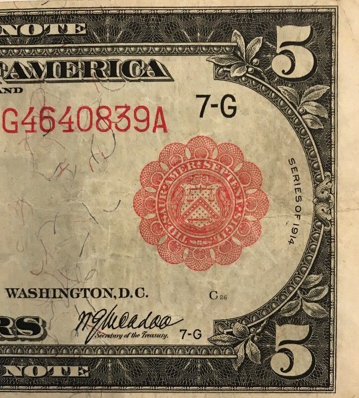 No.-838B---1914-Series---$5-Red-Seal-Fed-Note-VF30-35?
