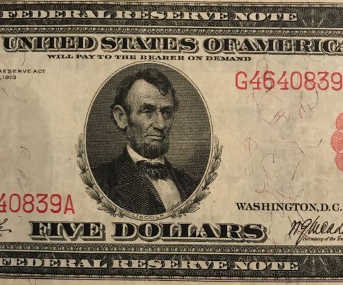 No.-838B---1914-Series---$5-Red-Seal-Fed-Note-VF30-35?