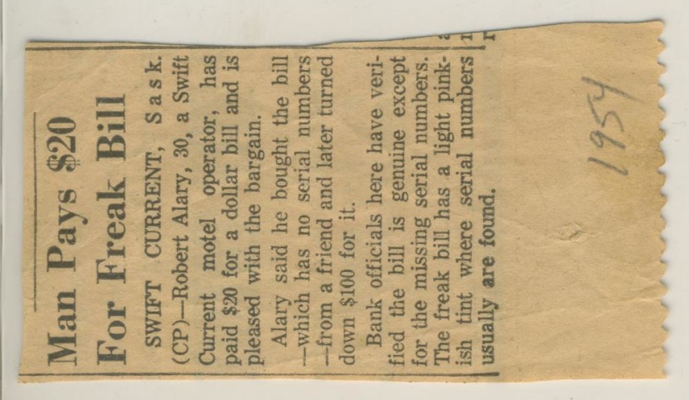1954-$1.00-Bill-With-No-Serial-Numbers-And-News-Paper-Artical-About-It.