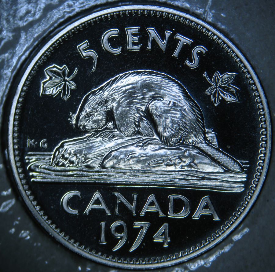 1974--Canadian-5-Cent---Massive-Cameo-Doubling