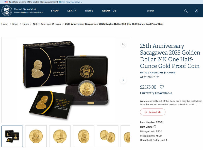 25th-Anniversary-Sacagawea-2025-Golden-Dollar-24k-One-Half-Ounce-Gold-Proof-Coin