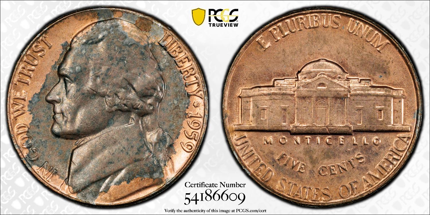 1959-P-5c-Orange/Black-Beauty-Improperly-Annealed-Planchet
