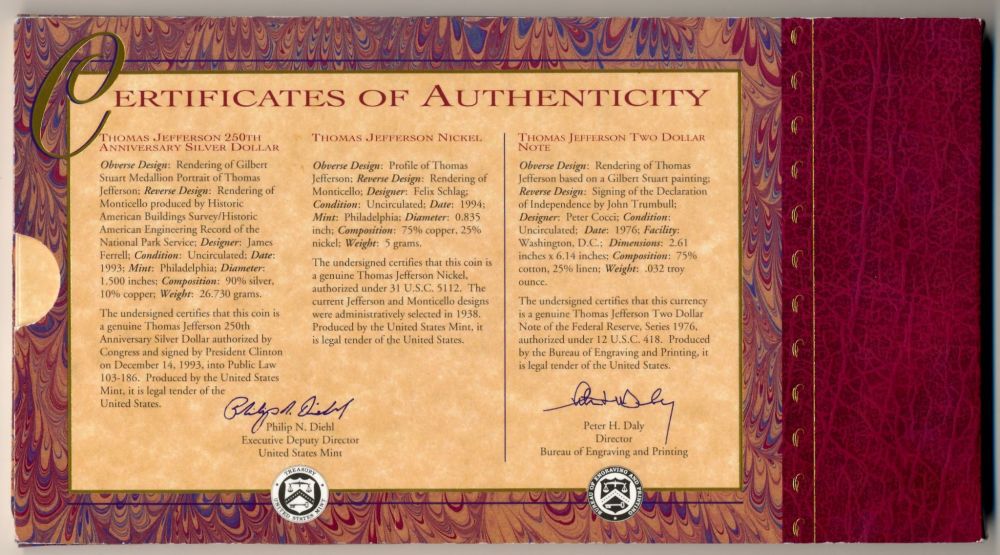 Commems-Collection-Modern:-1994-Thomas-Jefferson-Coinage-&-Currency-Set