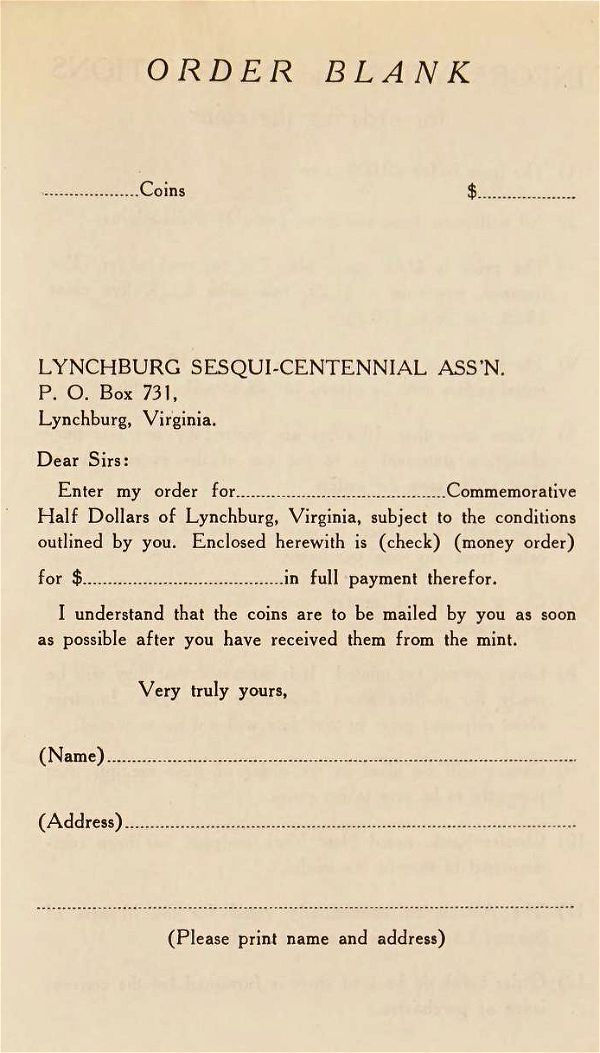 Commems-Collection-Classic:-1936-Lynchburg,-VA-Charter-Sesquicentennial---Order-Form