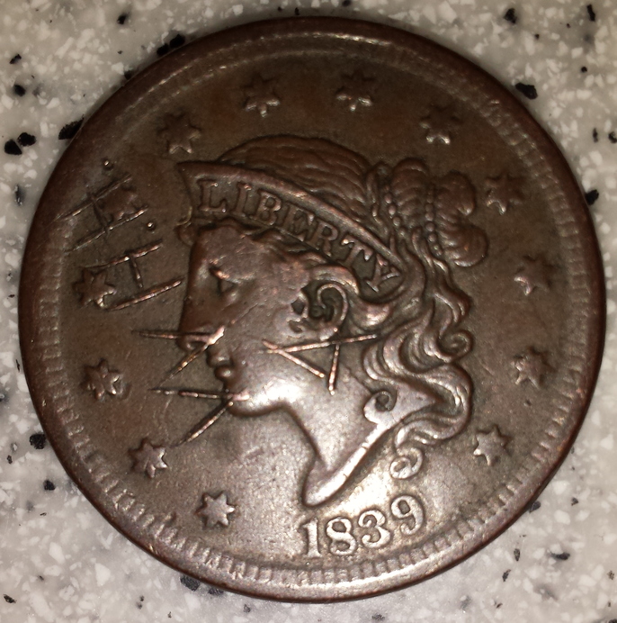 1840-Large-Cent-With-Raised-Bits-On-Obverse---Looks-PSD-But...