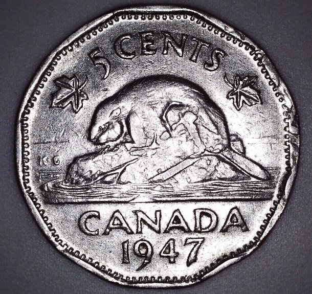 1947-Canada-Nickel-5-Cents-Extra-Metal-+-Weak-Strike