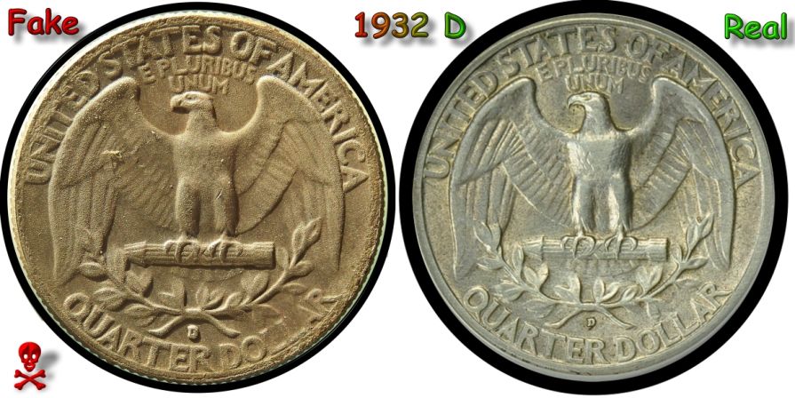 Counterfeit-Detection:-1932-D-Washington-Quarter-Chinese-Replica-Compared-To-Real