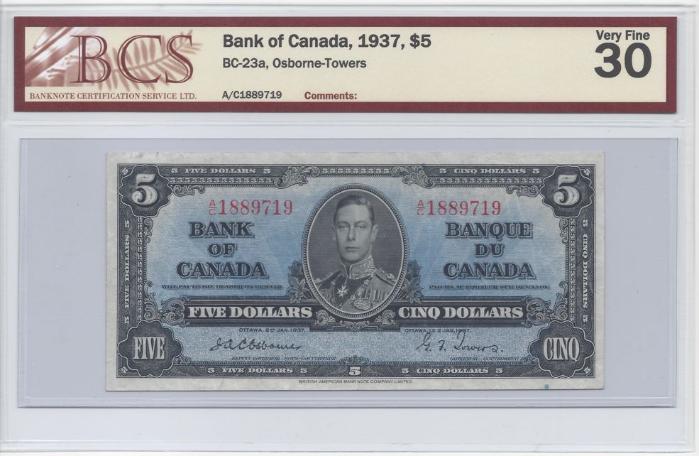 Post-Your-1937,-$5-Osborne-Towers-Bc-23A-Banknotes