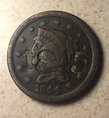 1844-Large-Cent-With-1845-Stamped-Across-Face-And-5-On-Back
