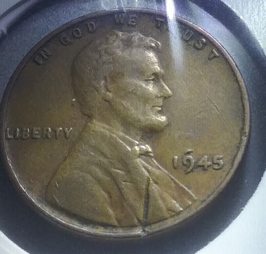 1945-P-Wheat-Penny-Struck-With-Looks-Like-A-Staple-It-Rapped-Around-The-Rim-Of-The-Coin