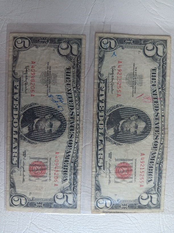 2-1963-Narrow-5-Dollar-Red-Seal-Notes-Need-Help-With-Plate-#-Mic,-Mac-And-Value--Please