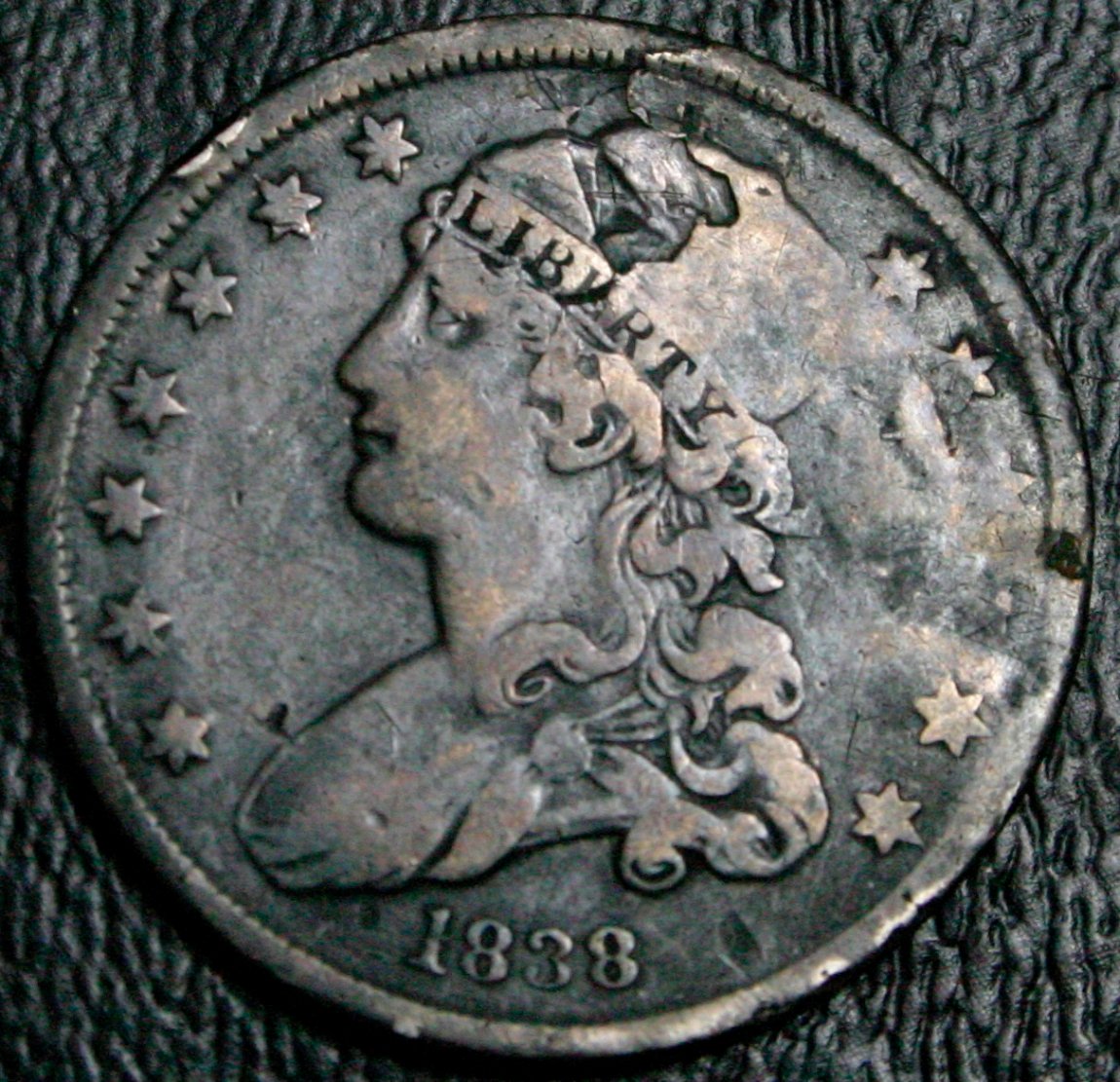 1838-Capped-Bust-Quarter,-Strike-Through,-Lamination...lots-Going-On