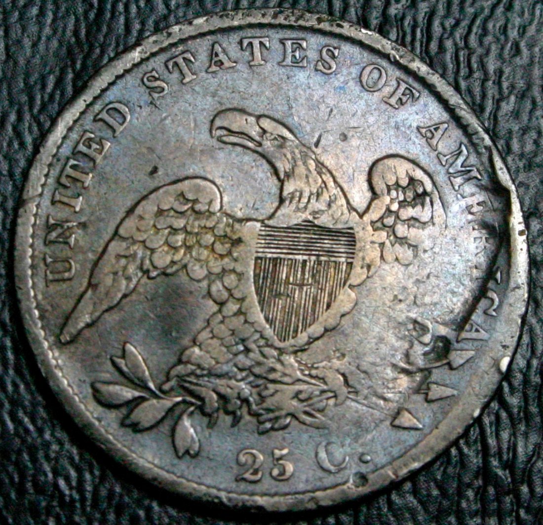 1838-Capped-Bust-Quarter,-Strike-Through,-Lamination...lots-Going-On