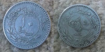 Small,-Silver-Colour,-19mm-Coin-For-Identification.-Id:-Turkey-10-Para-Mehmed-V,-Regnal-Year-3-1911