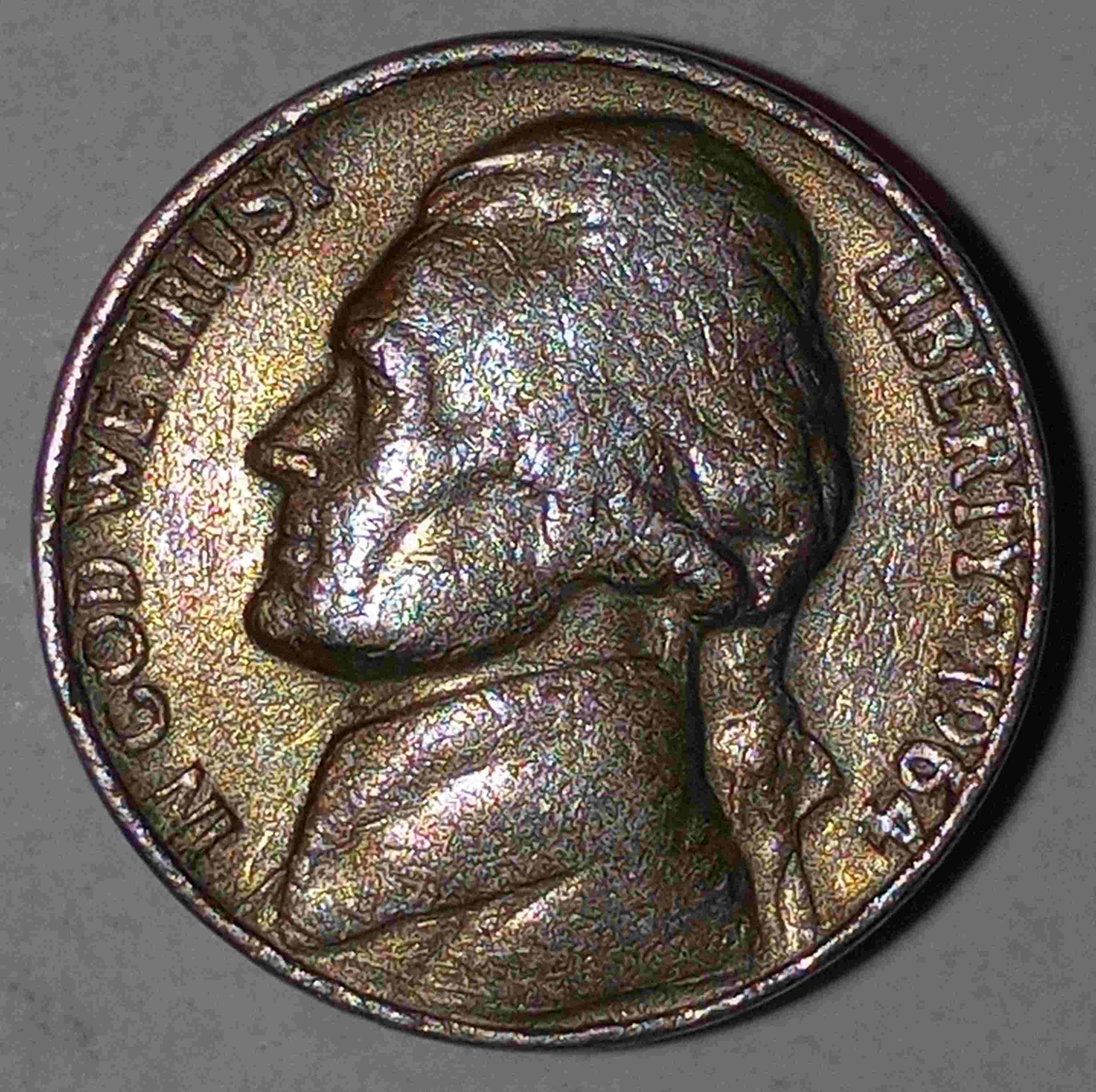 1964-D-Nickel-With-Gold/Bronze-Tone-Both-Sides-And-Edges.-Improperly-Annealed?