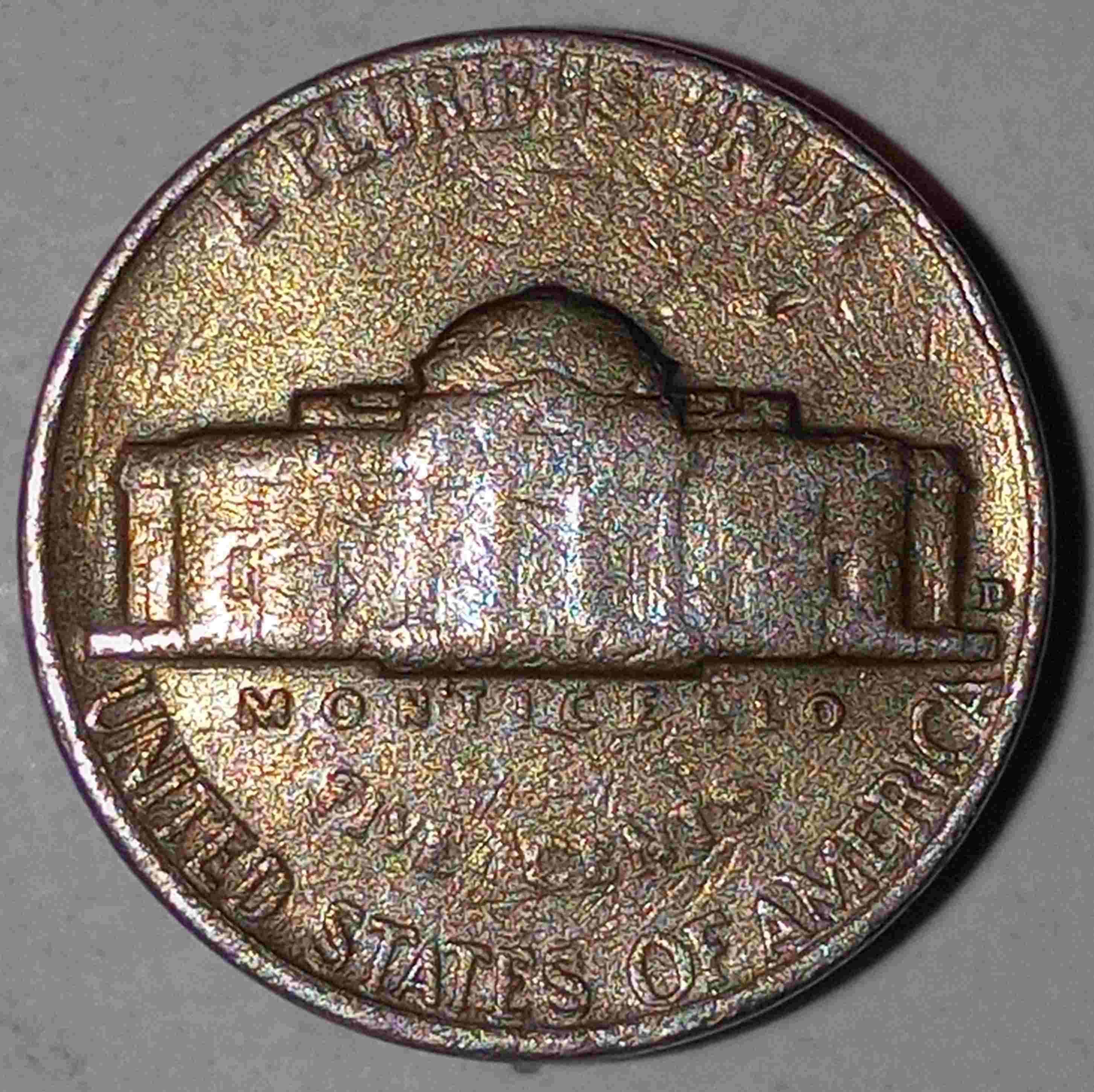 1964-D-Nickel-With-Gold/Bronze-Tone-Both-Sides-And-Edges.-Improperly-Annealed?