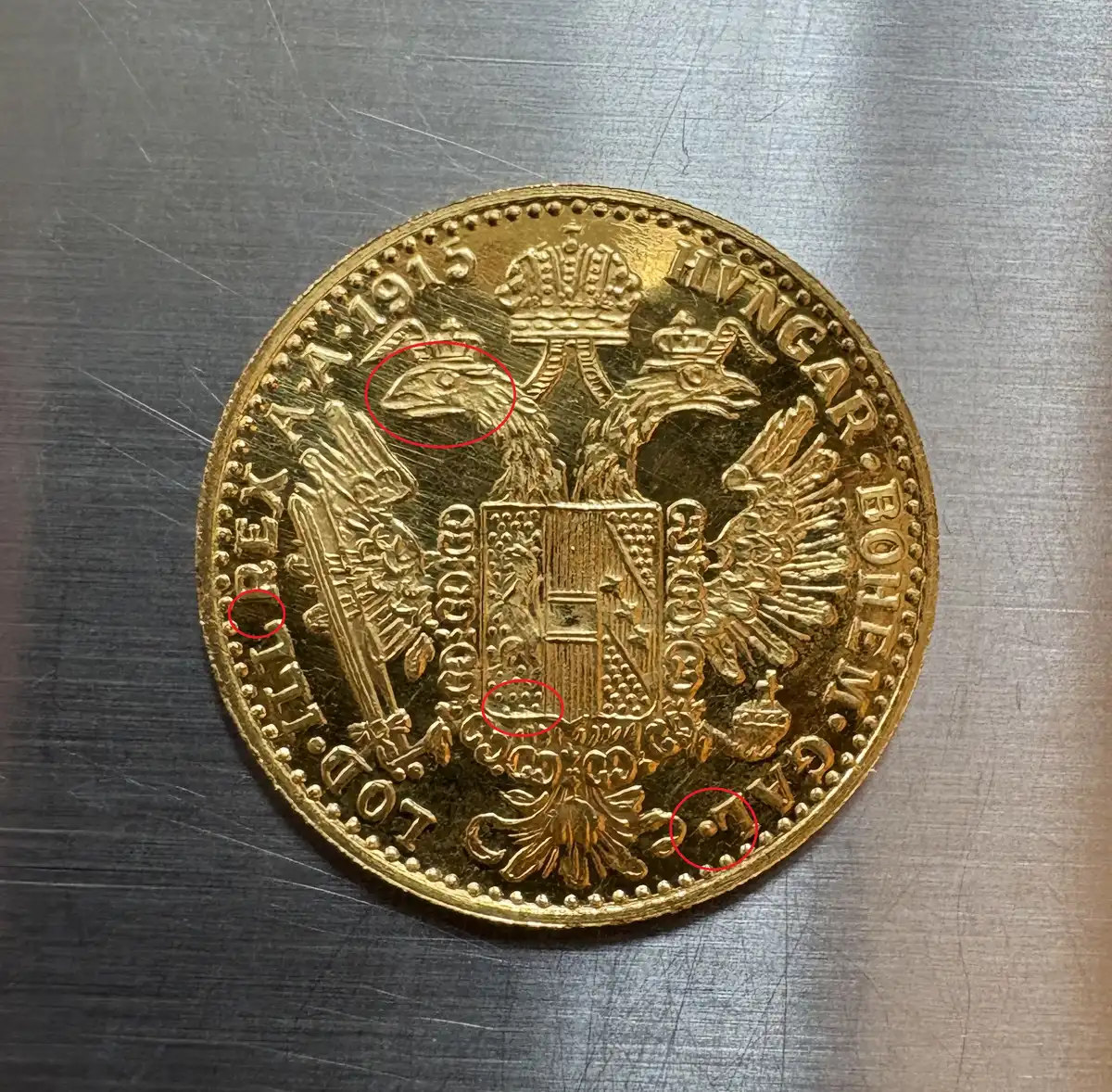 Counterfeit-Detection:-1915-Austria-Ducat---Restrike---.999-Gold-/-24k---Jeweler's-Copy