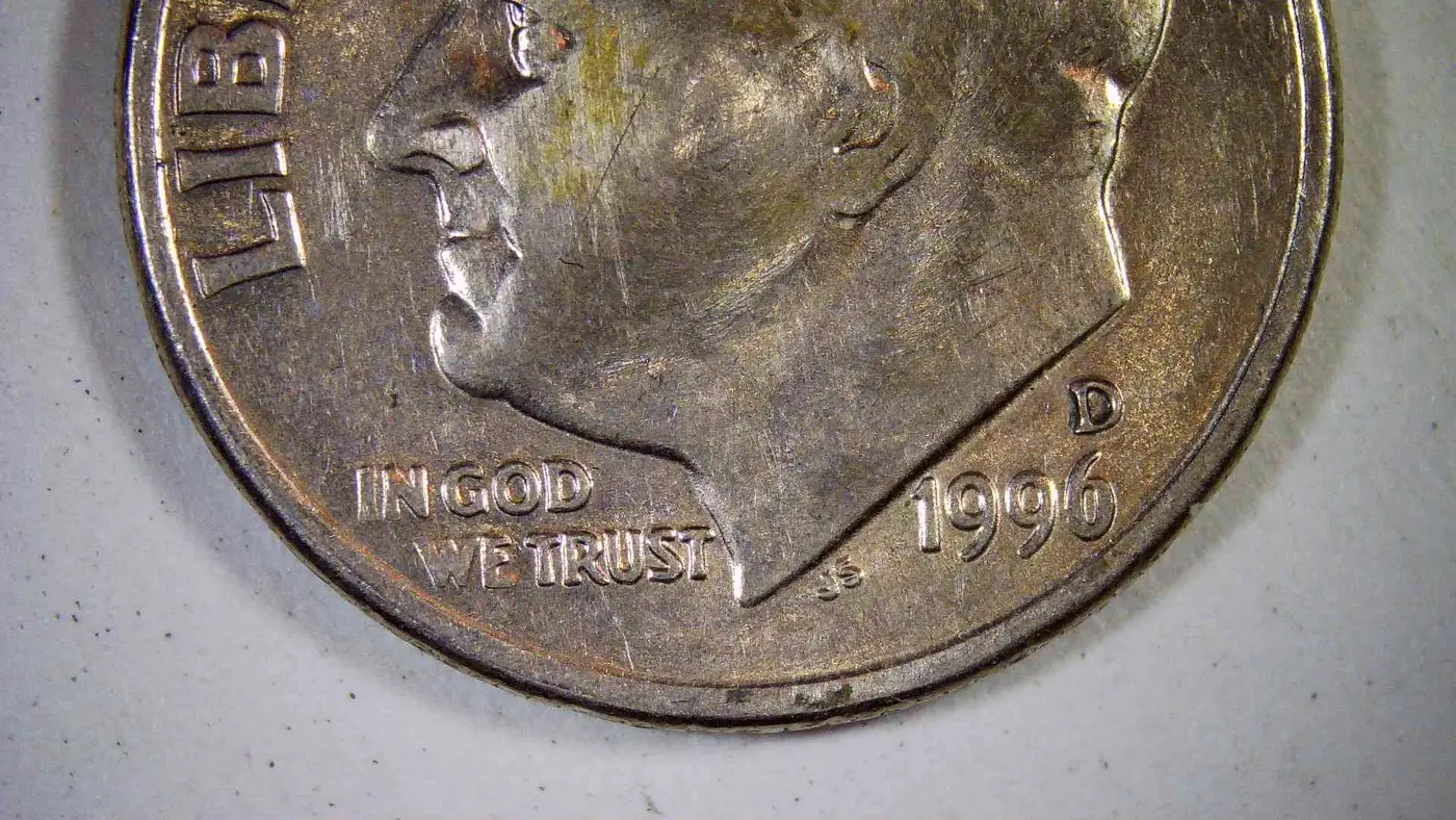 1996-D-Roosevelt-Dime,-Missing-His-Ear-/-RPM-/-DDO