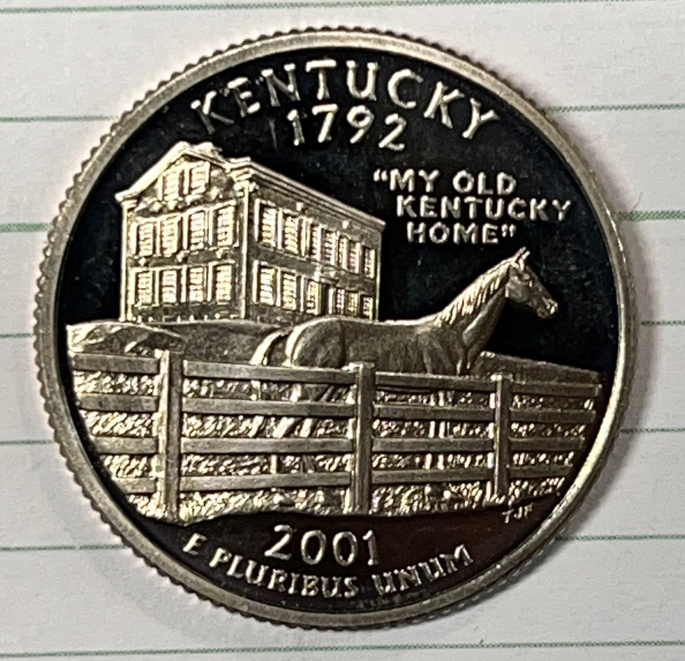 2001--S-Kentucky-State-Quarter---Hairs-Or-Error?-Behind-'America-And-Quarter-Dollar-On-Face-Side