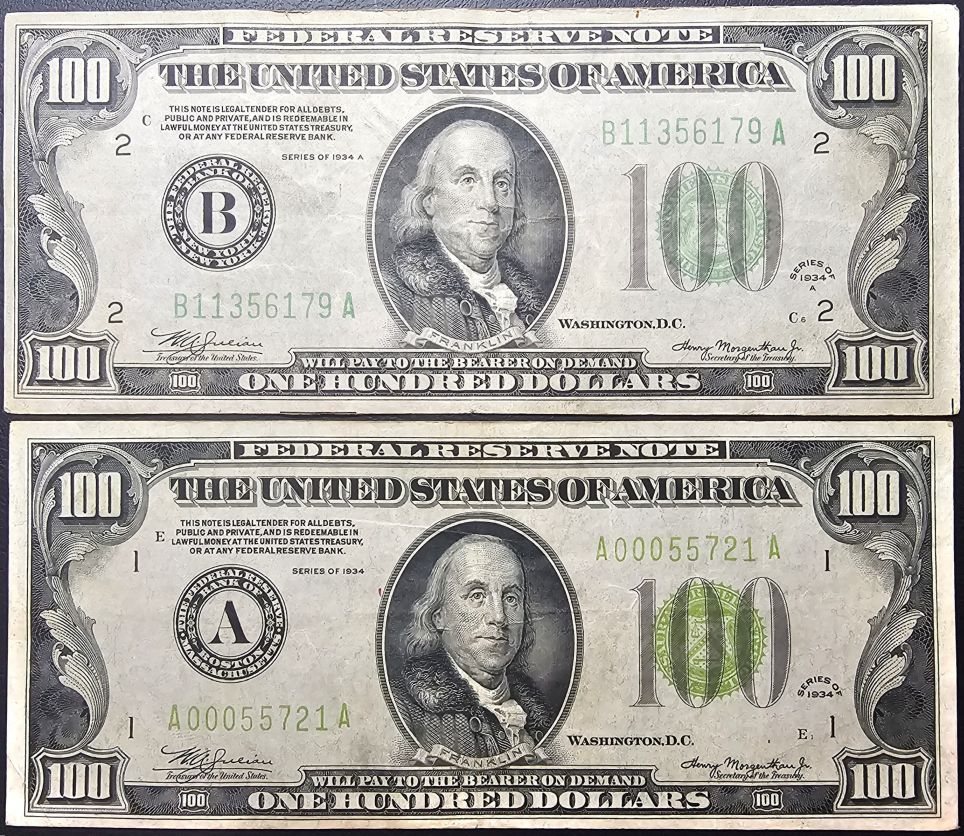 Two-1934-$100-With-Different-Shades-Of-Green