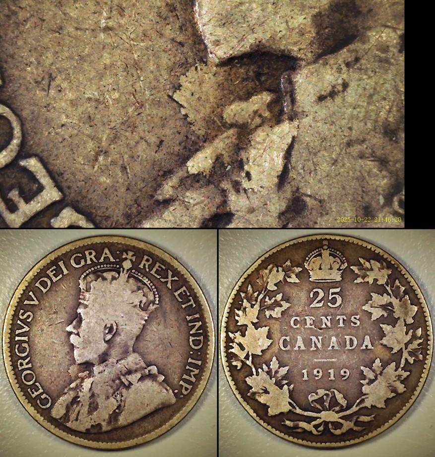 1919-Canada-25-Cents,-Die-Clash-Or-Gouge?