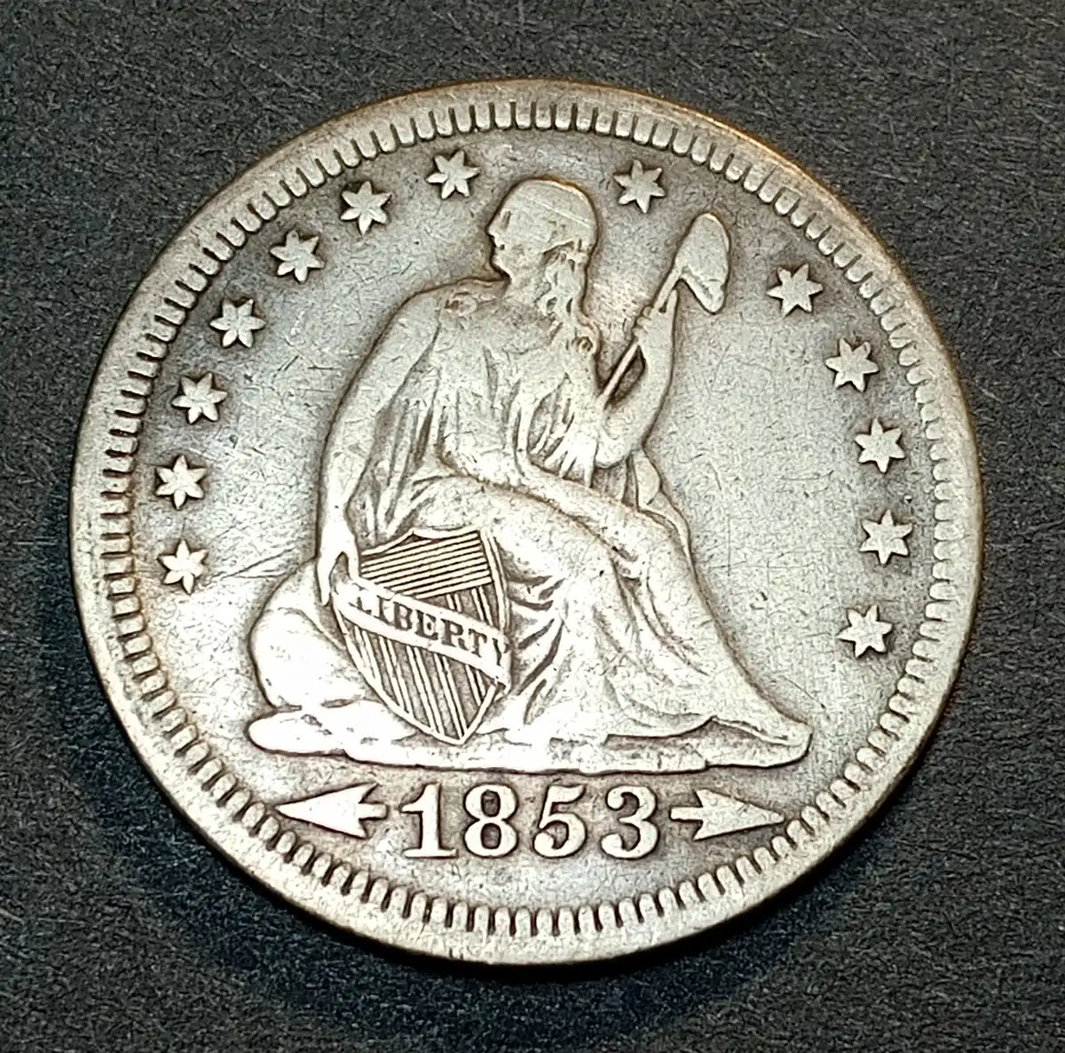 1853-Seated-Liberty-Arrows-&-Rays-Quarter-For-Grading