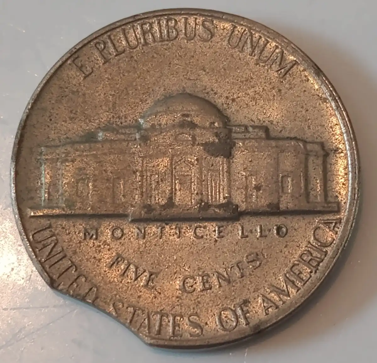 1970-D-Jefferson-Nickel-Improper-Alloy-W/Clipped-Planchette
