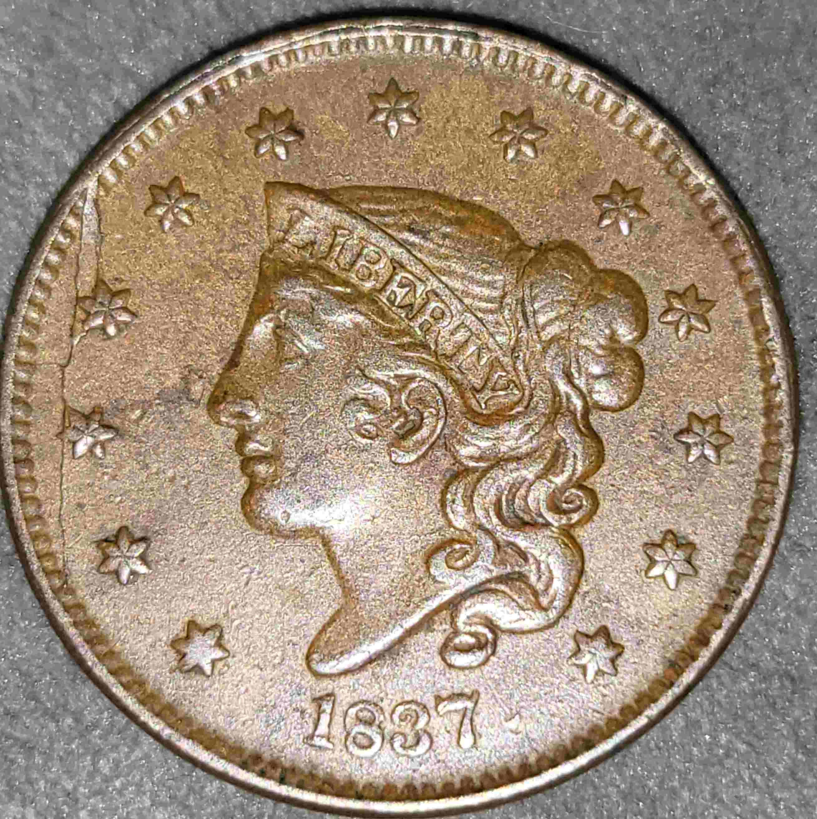 1837-Large-Cent-Plain-Cord-Small-Letters-With-Large-Obverse-Die-Break