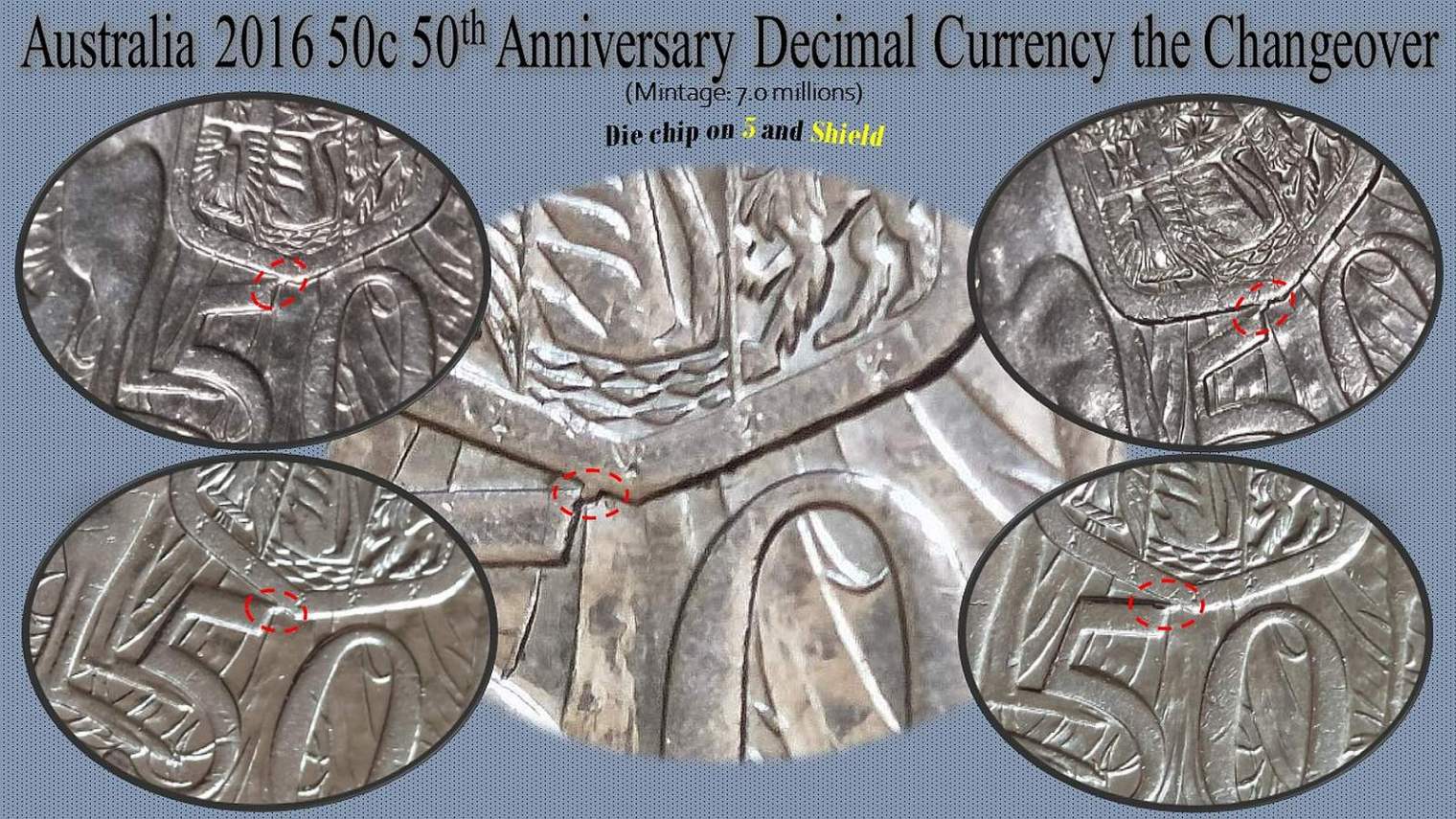 Australia-2016-50c-50th-Anniversary-Decimal-Currency-The-Changeover---Die-Chip-On-5-And-Shield