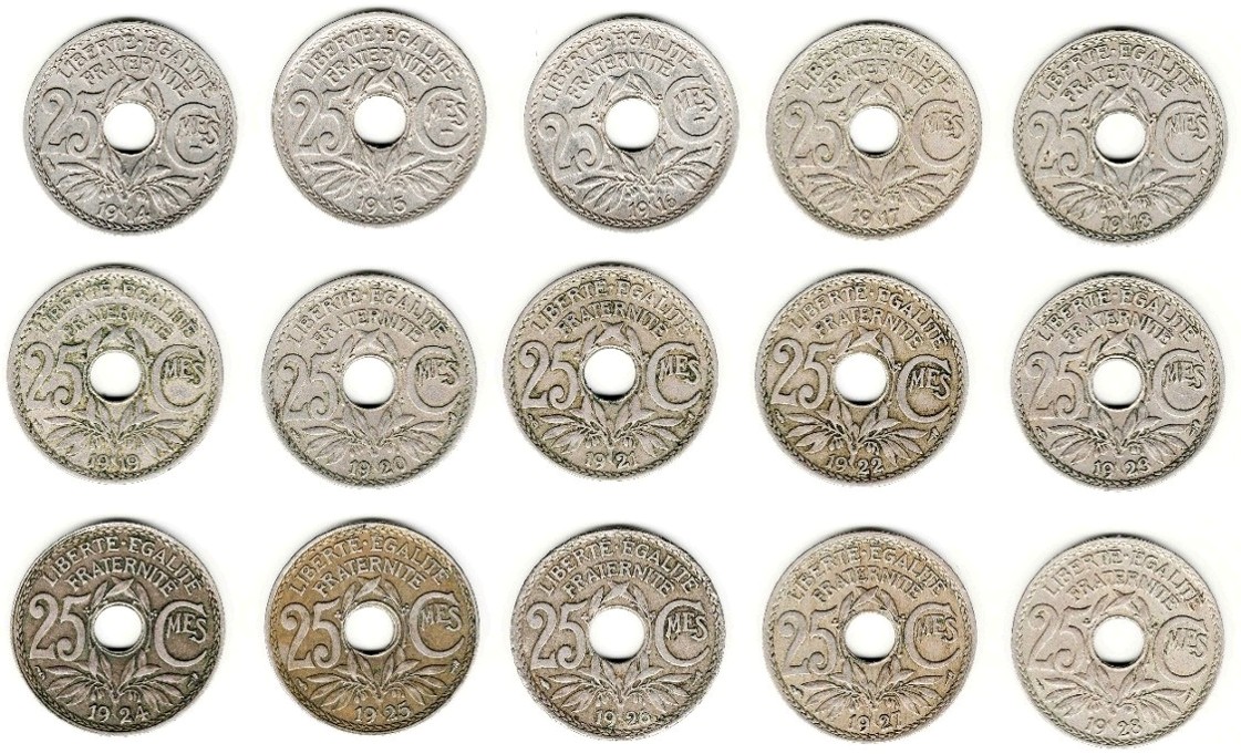 Completed-Date-Set-Of-French-Holed-25-Centime-Coins