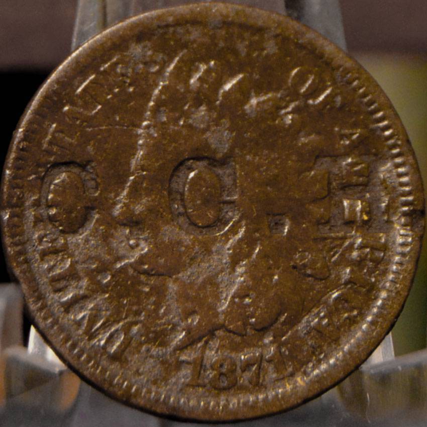 Counterstamped-Combo:-1870-Shield-Nickel-&-1871-Indian-Head-Cent-Same-Stamp