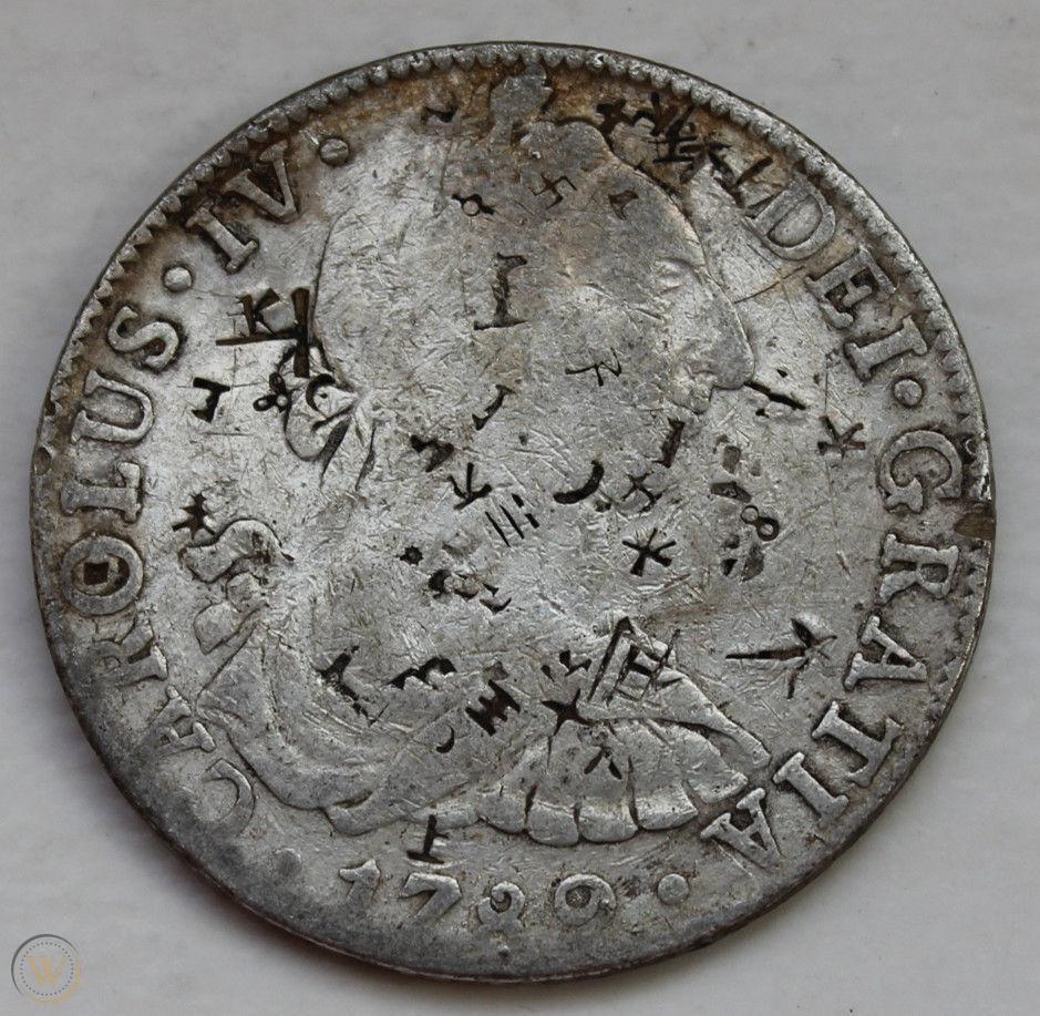 1799-8-Reales-Coin-With-Lots-Of-Counterstamps