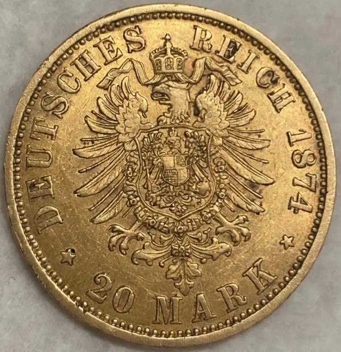 1874-B-German-Empire-Gold-20-Mark---Kaiser-Wilhelm-I---Hannover-Mint