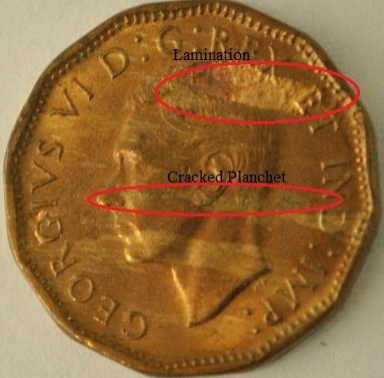 1943-Tombac-5-Cents-Lamination,-Woody,-Cracked-Planchet