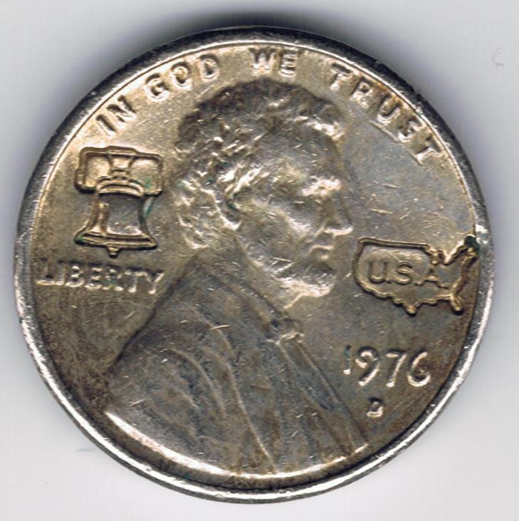 1976-D-Silver-Plated-And-Counterstamped-Lincoln-Memorial-Cent-Liberty-Bell/Usa